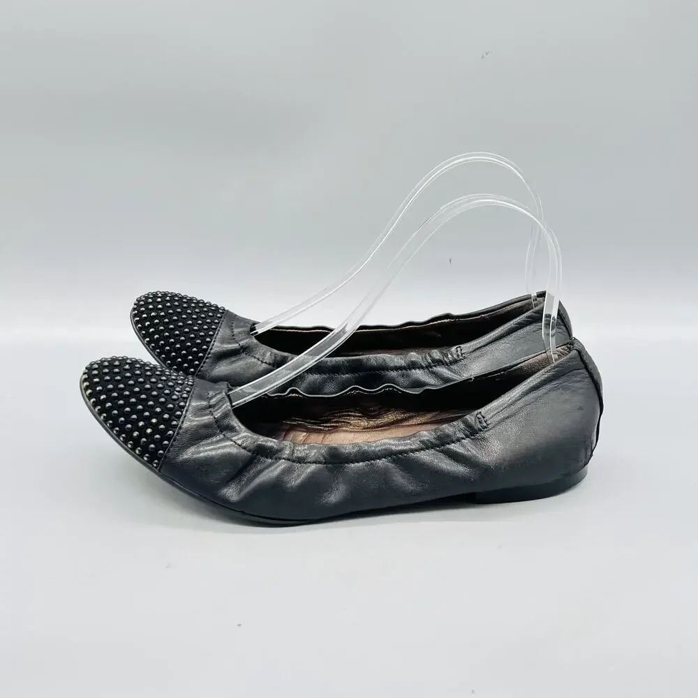 AGL Shoes Womens 9.5 Black Leather Studded Cap Toe Ballet Flats Slip On Comfort